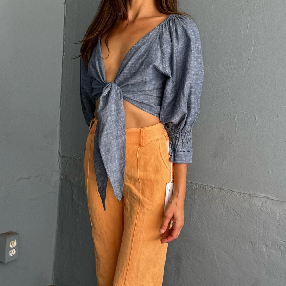 NWT Valiante Tie Up Blouse, Chambray Denim, 3/4 Lightly Puffed Sleeve, XS